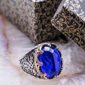 MaviZirkon Taşlı Kral Tacı Erkek Gümüş Yüzük