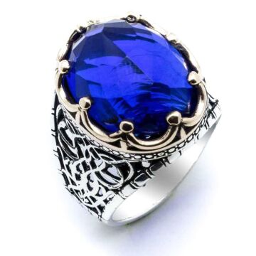 MaviZirkon Taşlı Kral Tacı Erkek Gümüş Yüzük