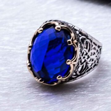 MaviZirkon Taşlı Kral Tacı Erkek Gümüş Yüzük