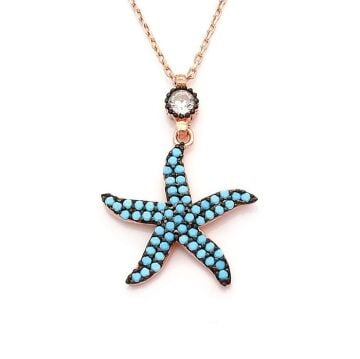 Turkuaz Nano Taşlı Deniz Yıldızı Motifli Bayan Gümüş Kolye
