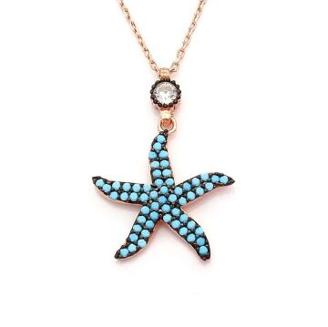 Turkuaz Nano Taşlı Deniz Yıldızı Motifli Bayan Gümüş Kolye