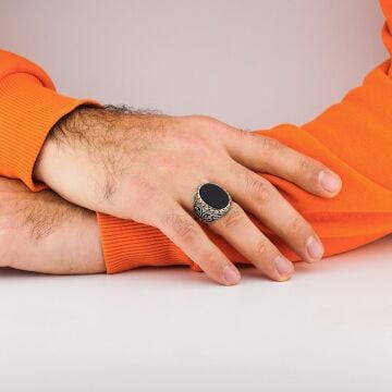 Siyah Düz Oniks Taşlı 925 Ayar Gümüş Yüzük