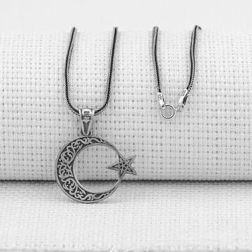 Ayyıldız Tasarımlı Desenli 925 Ayar Gümüş Erkek Kolye