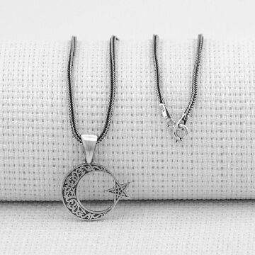 Ayyıldız Tasarımlı Desenli 925 Ayar Gümüş Erkek Kolye