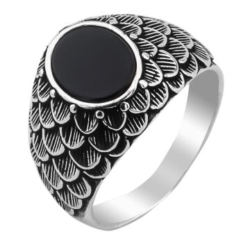 Siyah Oniks Taşlı Desenli 925 Ayar Gümüş Yüzük