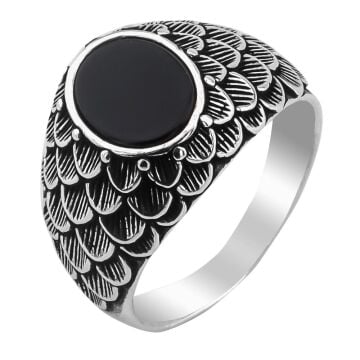 Siyah Oniks Taşlı Desenli 925 Ayar Gümüş Yüzük