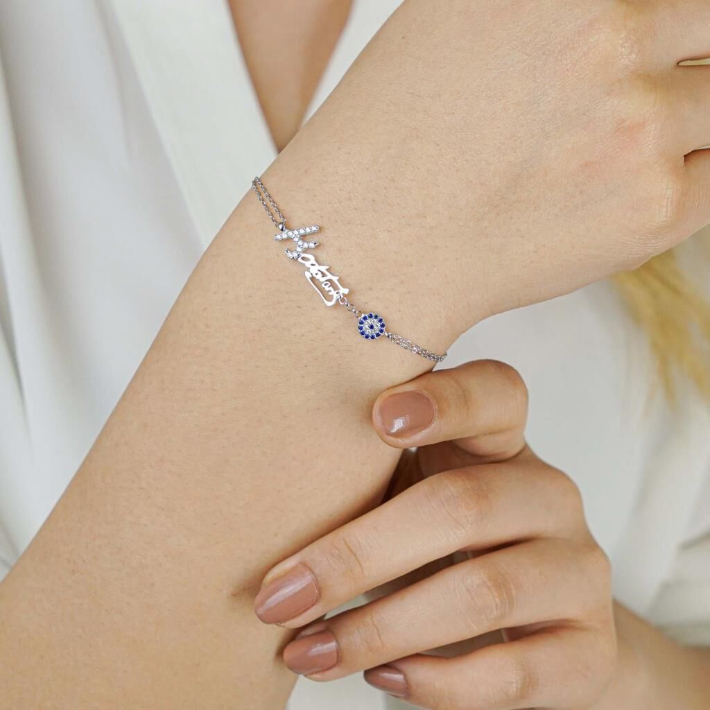 Kemal Atatürk Motifli Nazar Boncuklu Bayan Gümüş Bileklik