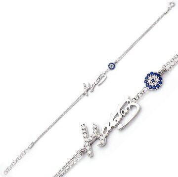 Kemal Atatürk Motifli Nazar Boncuklu Bayan Gümüş Bileklik