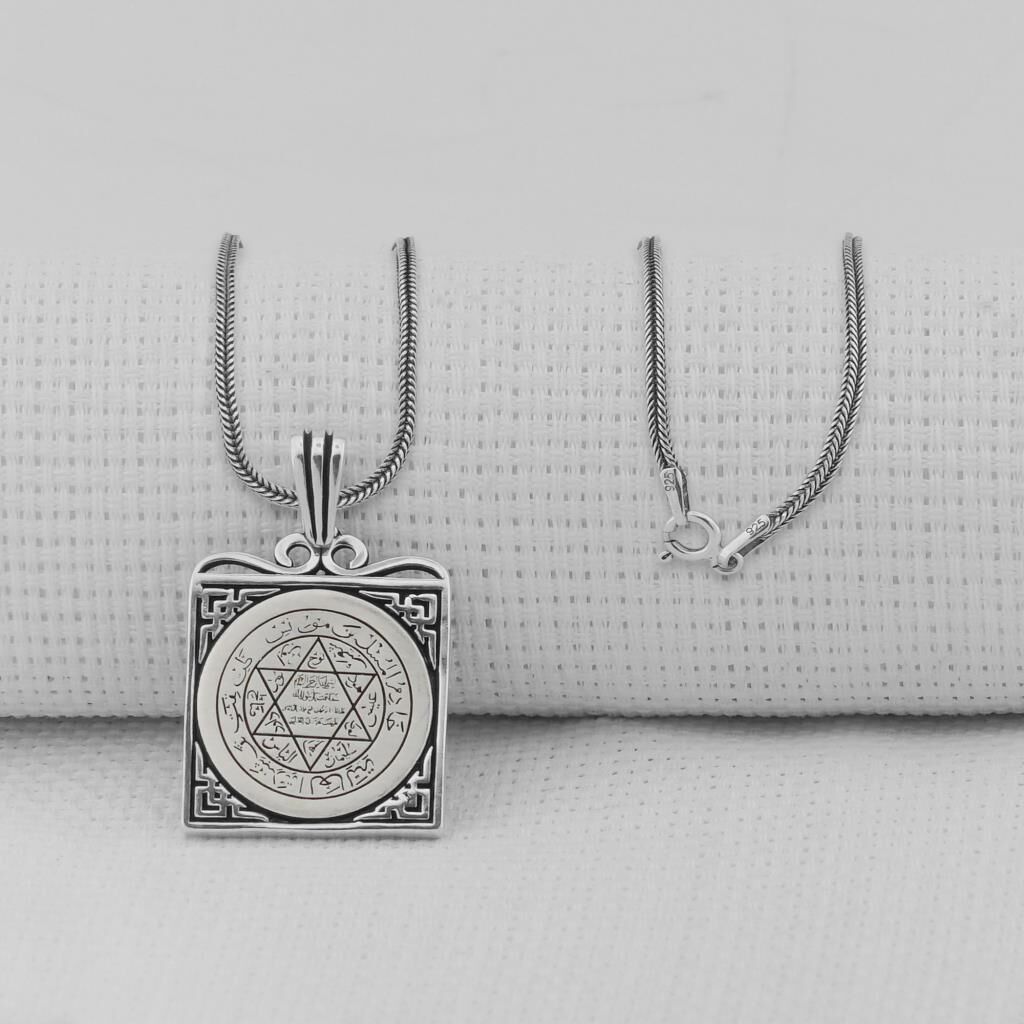 Hz Süleyman Mührü Kare Model 925 Ayar Gümüş Kolye