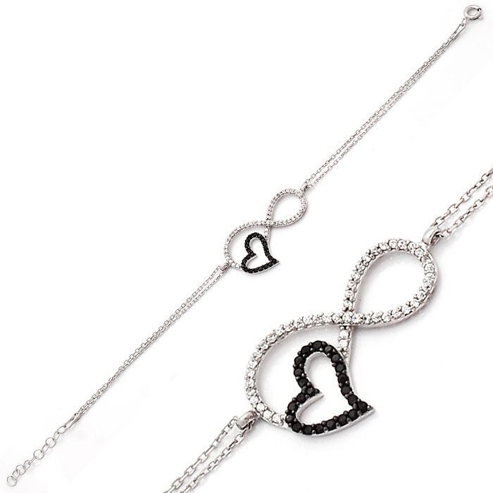 Sonsuzluk Kalp Motifli Zirkon Taşlı Bayan Gümüş Bileklik