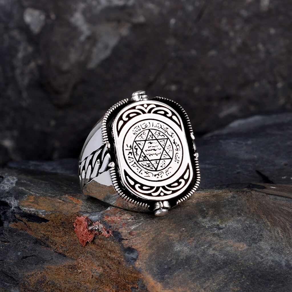 Hz Süleyman Mührü Zirkon Taşlı Çift Taraflı Gümüş Yüzük