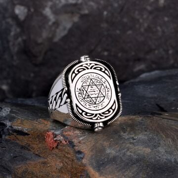 Hz Süleyman Mührü Zirkon Taşlı Çift Taraflı Gümüş Yüzük