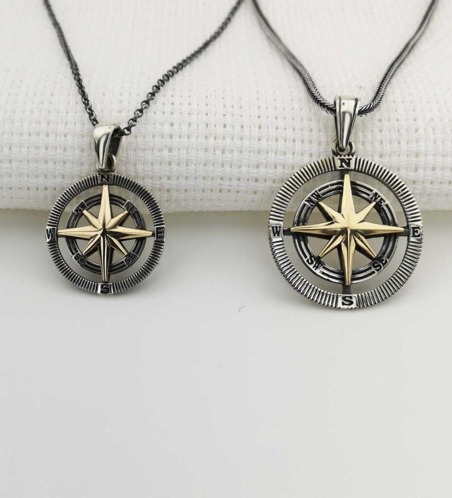 925 Ayar Gümüş Bay Bayan Çift Pusula Kolye