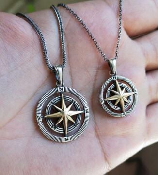 925 Ayar Gümüş Bay Bayan Çift Pusula Kolye