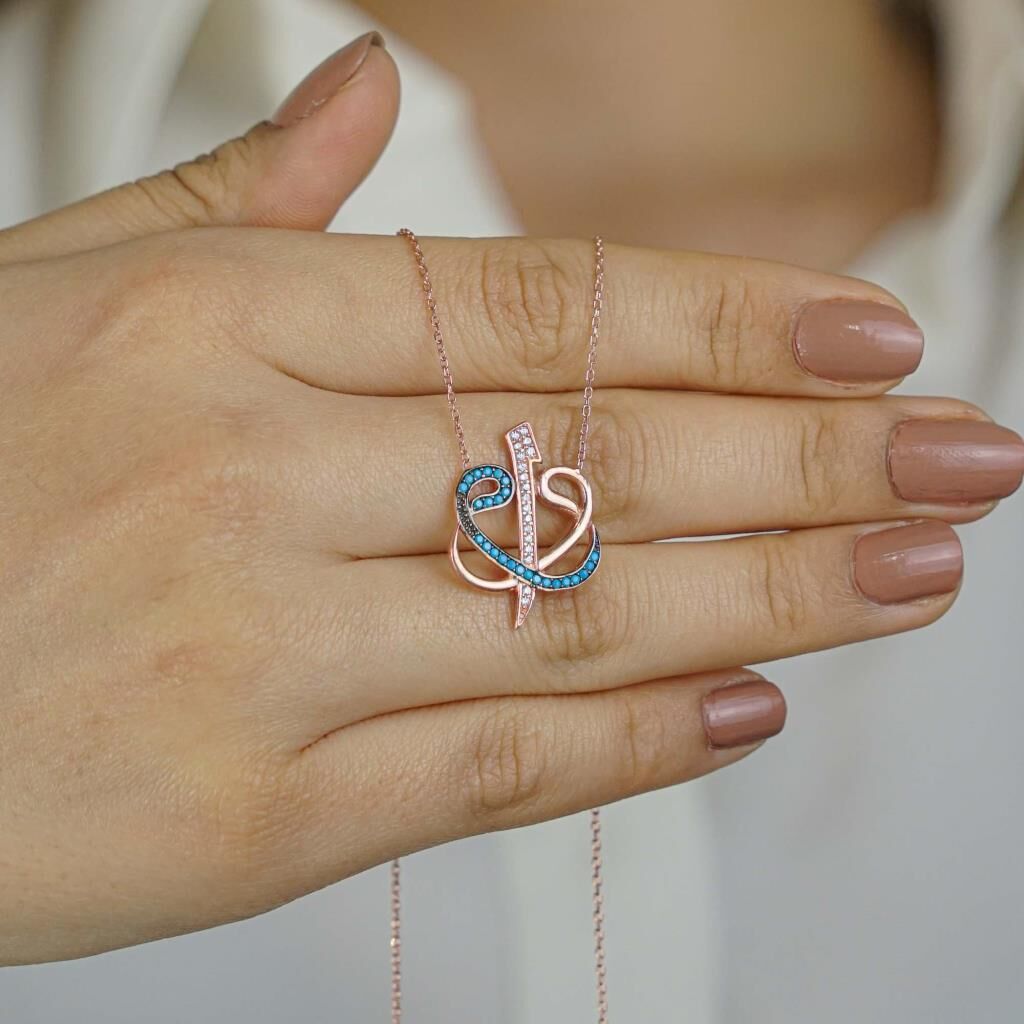 925 Ayar Gümüş Turkuaz Taşlı Çift Vav Elif Kolye