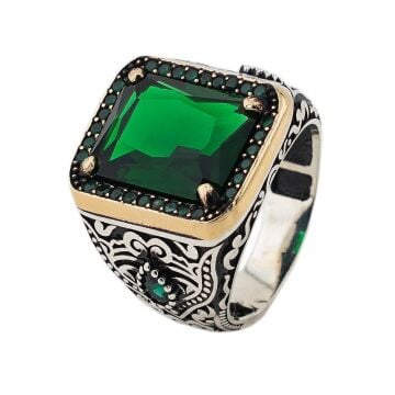 Yeşil Zirkon Taşlı 925 Ayar Gümüş Erkek Yüzük