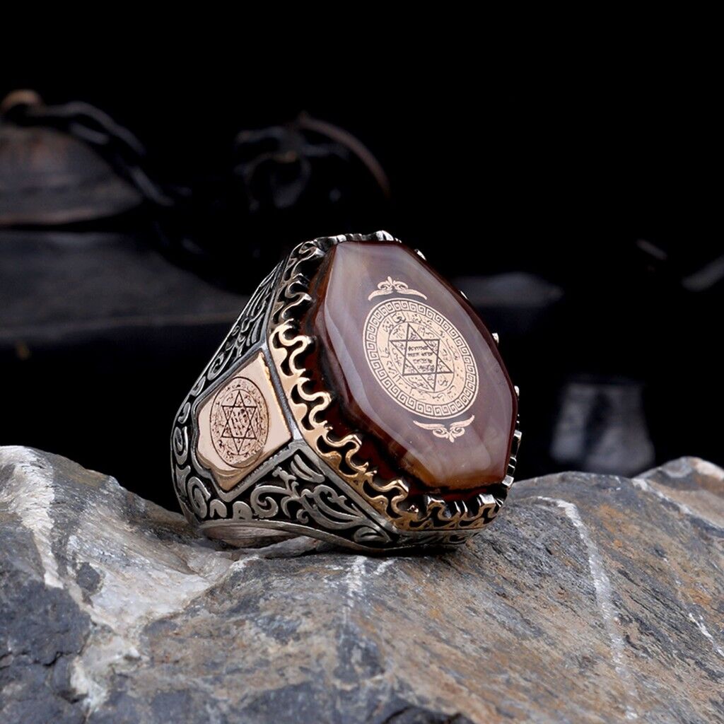 925 Ayar Gümüş Kehribar Taşı Üzerine Hz Süleyman Mührü Erkek Yüzük