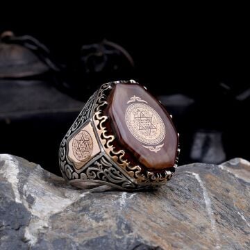 925 Ayar Gümüş Kehribar Taşı Üzerine Hz Süleyman Mührü Erkek Yüzük
