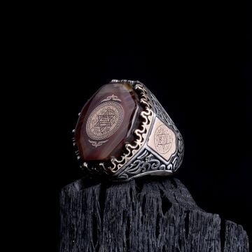 925 Ayar Gümüş Kehribar Taşı Üzerine Hz Süleyman Mührü Erkek Yüzük