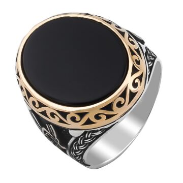 Siyah Oniks Taşlı Tuğra Detaylı 925 Ayar Gümüş Yüzük