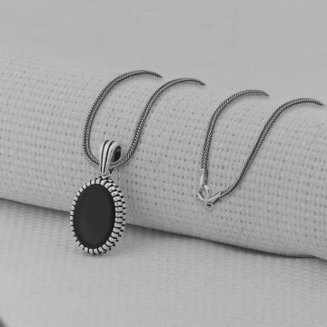 Siyah Oniks Taşlı Oval 925 Ayar Erkek Gümüş Kolye