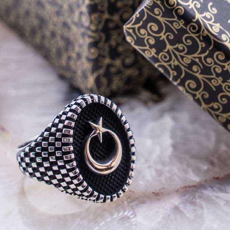 925 Ayar Gümüş Oval  Ay Yıldız Erkek Gümüş Yüzük