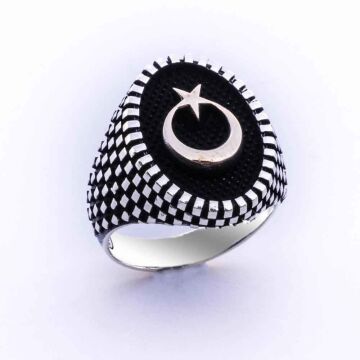 925 Ayar Gümüş Oval  Ay Yıldız Erkek Gümüş Yüzük