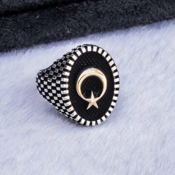 925 Ayar Gümüş Oval  Ay Yıldız Erkek Gümüş Yüzük