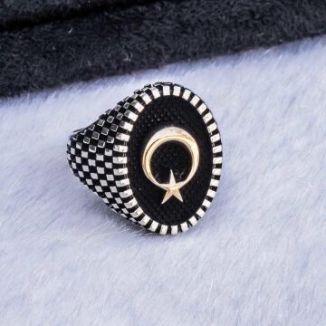 925 Ayar Gümüş Oval  Ay Yıldız Erkek Gümüş Yüzük
