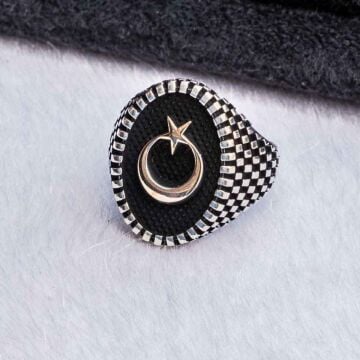 925 Ayar Gümüş Oval  Ay Yıldız Erkek Gümüş Yüzük