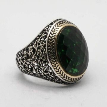 925 Ayar Gümüş Yeşil Zirkon Taşlı Erkek Yüzük