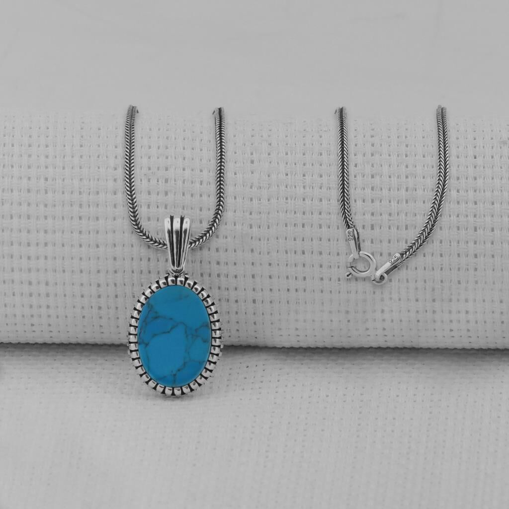 Turkuaz Taşlı Oval 925 Ayar Erkek Gümüş Kolye