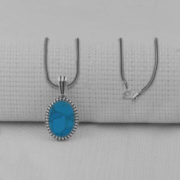 Turkuaz Taşlı Oval 925 Ayar Erkek Gümüş Kolye