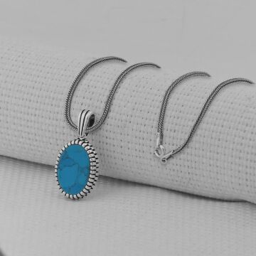 Turkuaz Taşlı Oval 925 Ayar Erkek Gümüş Kolye