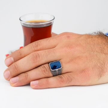 Parlament Mavisi Zirkon Taşlı 925 Ayar Gümüş Erkek Yüzük