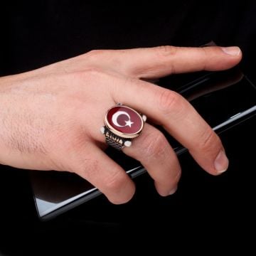 925 Ayar Gümüş Kırmızı Mineli Ayyıldız Model Erkek Yüzük