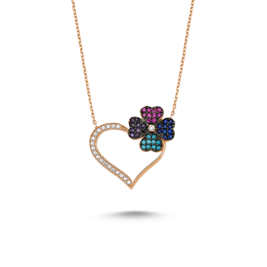 925 Ayar Gümüş Zirkon Taşlı Yoncalı Kalp Kolye