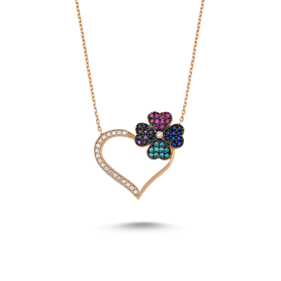 925 Ayar Gümüş Zirkon Taşlı Yoncalı Kalp Kolye