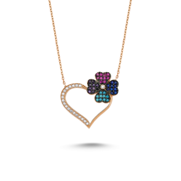 925 Ayar Gümüş Zirkon Taşlı Yoncalı Kalp Kolye