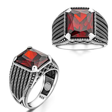 Kırmızı Zirkon Taşlı 925 Ayar Gümüş Erkek Yüzük