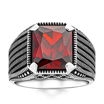 Kırmızı Zirkon Taşlı 925 Ayar Gümüş Erkek Yüzük