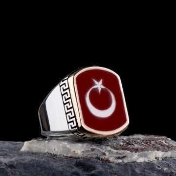 925 Ayar Gümüş Kırmızı Mineli Ayyıldız Model Erkek Yüzük