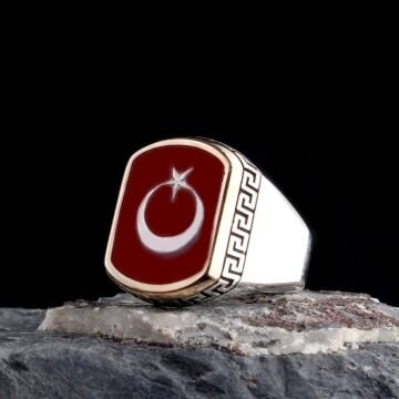 925 Ayar Gümüş Kırmızı Mineli Ayyıldız Model Erkek Yüzük