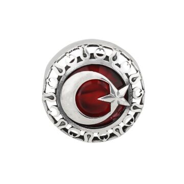 Şanlı Ay Yıldız Tasarımlı 925 Ayar Gümüş Yaka İğnesi Rozet