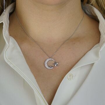 Ay Yıldız Tasarımlı Sonsuzluk Detaylı 925 Ayar Gümüş Kadın Kolye