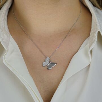 Kelebek Tasarımlı Beyaz Zirkon Taşlı 925 Ayar Gümüş Kadın Kolye