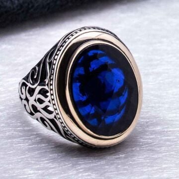 925 Ayar Gümüş Mavi Zirkon  Taşlı Erkek  Yüzük