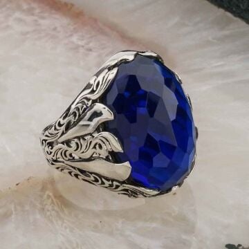925 Ayar Gümüş Büyük Mavi Zirkon Taşlı Erkek Yüzük