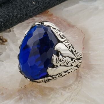 925 Ayar Gümüş Büyük Mavi Zirkon Taşlı Erkek Yüzük