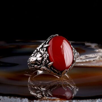 KIRMIZI AKİK TAŞLI ASLAN MODEL 925 AYAR GÜMÜŞ ERKEK YÜZÜK